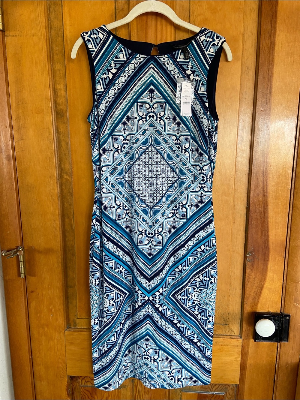 White House Black Market Reversible Navy & Blue Geometric Midi Sheath Dress